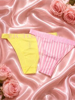 Victoria’s Secret Logo Waistband Thong Bundle Pink Stripe Yellow Size L NWT